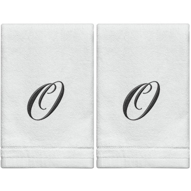 Monogrammed Towels Fingertip, Personalized Gift, 11 x 18 Inches - Set of 2- Black Embroidered Towel - Extra Absorbent 100% Cotton- Soft Velour Finish - For Bathroom/ Kitchen/ Spa- Initial O (White)