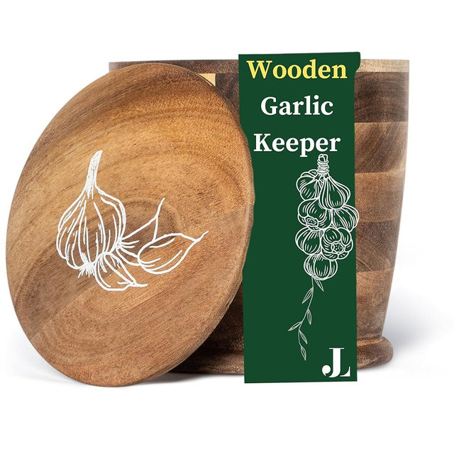 Jean Lemond Introducing The Always Fresh Acacia Garlic Keeper For Counter. A Crafted Large Garlic Storage Jar. A Rustic Garlic Holder Container Pot Saver With Lid.