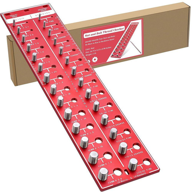 Nut and Bolt Thread Checker, 14 Metric & 14 Standard Sizes, Bolt Nut Identifier Gauge with Inch and Centimeter Ruler, Solid Aluminum Bolt Size and Thread Gauge, Hang or Flat, Red