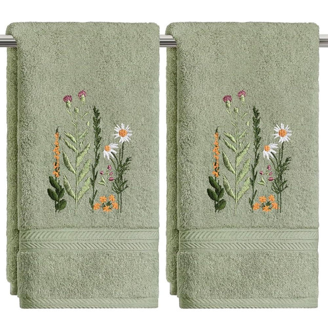 Artoid Mode 2 Pcs Sage Green Wildflower Floral Embroidered Hand Towels for Bathroom, Cotton Soft Absorbent Farmhouse Decor Towels, 13.7 x 29.5 Inch