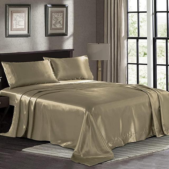 Satin Sheets King [4-Piece, Taupe] Hotel Luxury Silky Bed Sheets - Extra Soft 1800 Microfiber Sheet Set, Wrinkle, Fade, Stain Resistant - Deep Pocket Fitted Sheet, Flat Sheet, Pillow Cases