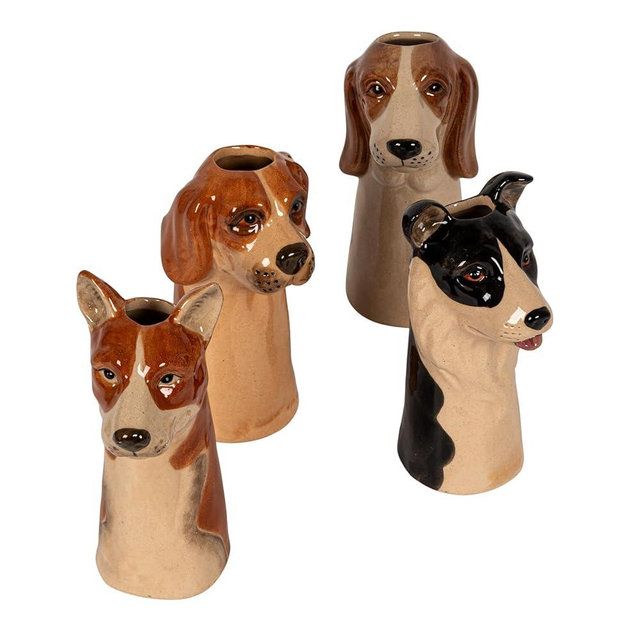 Creative Co-Op 4-Piece Hand-Painted Stoneware Dog Head Vase, Multicolor