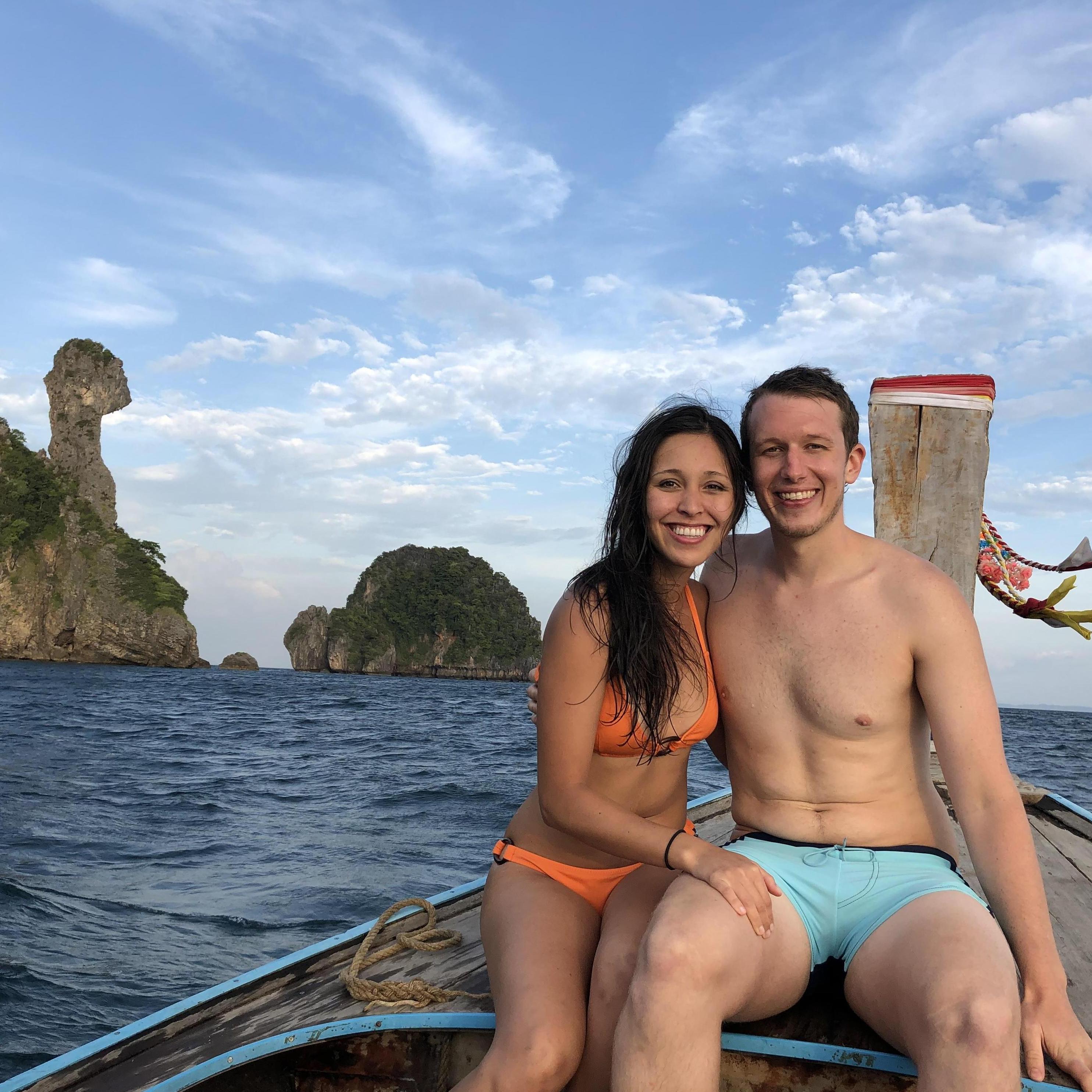 During a long tail boat ride in Thailand, they visited the famous Chicken Island, known for its chicken head shaped rock formation. Later that night they snorkeled with bioluminescent plankton.