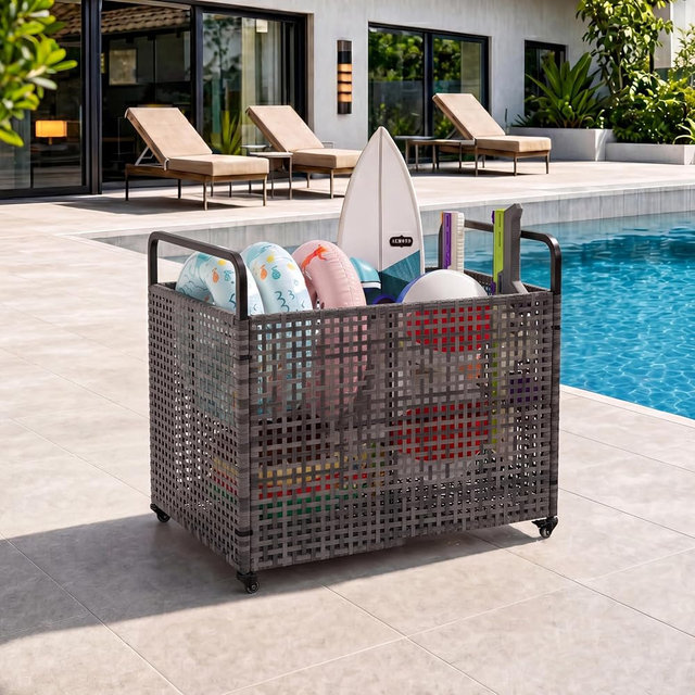 Garvee Pool Float Storage Organizer with Wheels, Outdoor Wicker Rattan Rolling Cart for Pool Toys Noodles Floats & Equipment, Heavy Duty Ventilated Pool Storage Bin for Patio Deck, Gray 33"x26"x36"