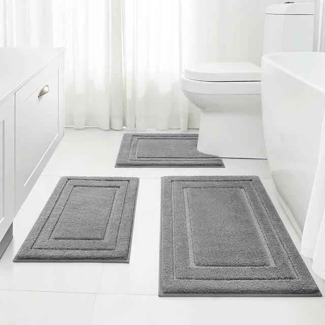 HOMEIDEAS Bathroom Rugs Sets 3 Piece, Super Soft and Absorbent Non Slip Microfiber Toilet Bath Mat with U-Shaped (Grey)