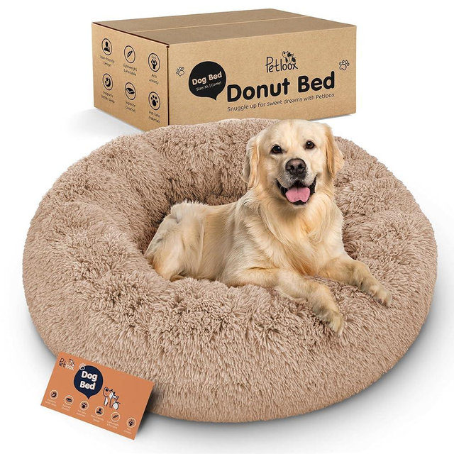 Petloox Donut Dog Bed - Premium Comfort for Anxiety Relief - Fluffy & Calming Design with Ultra-Plush Support | Cozy Round Dog Bed with Super Soft Circle Style (Size XL Camel)