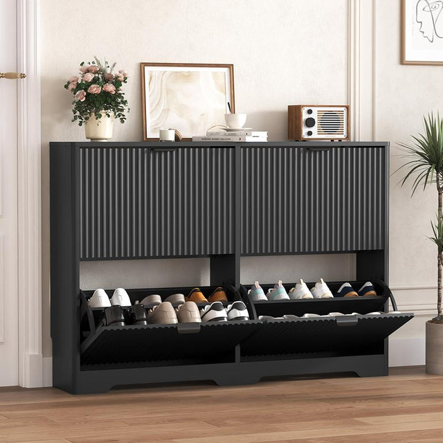 Shoe Cabinet Storage for Entryway with 4 Flip Drawers, Black Fluted Shoe Cabinet with Adjustable Shelves, Wooden Hidden Shoe Rack Freestanding Narrow Slim Shoes Storage for Hallway, Entrance