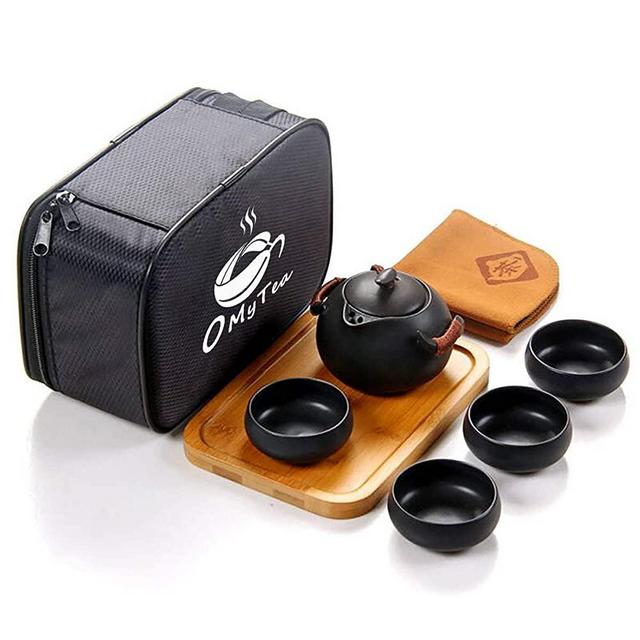 OMyTea 100% Handmade Chinese/Japanese Vintage Kungfu Gongfu Tea Set - Porcelain Teapot & Teacups & Bamboo Tea Tray & Tea Mat with a Portable Travel Bag (Black)