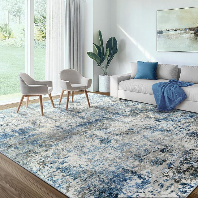 AUKOW Washable Area Rug for Living Room: 9x12 Modern Abstract Neutral Soft Rug for Bedroom Dining Room No Slip Low Pile Carpet for Nursery Home Office - Grey/Blue
