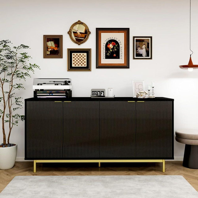 MUUEGM 58”Sideboard Buffet Cabinet with Storage, Fluted Cabinet Large Buffet with Adjustable Shelves and 4 Doors, Buffet Table Coffee Bar Wine Bar Storage Cabinet for Dining Room, Living Room, Black