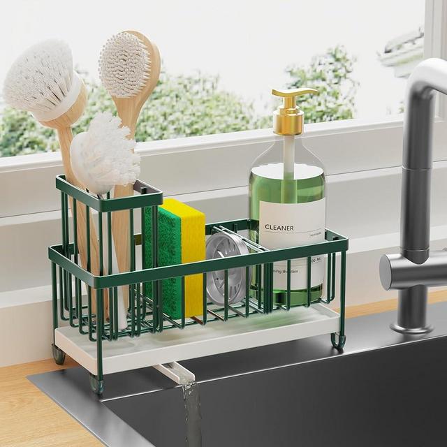 Cisily Dark Green Sponge Holder for Kitchen Sink, Sink Caddy Organizer with High Brush Holder, Kitchen Countertop Rustproof 304 Stainless Steel, Soap Dispenser Kitchen Organizers and Storage
