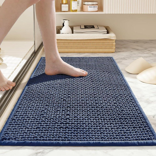 HRILO Bathroom Rugs Non Slip Washable, Super Absorbent Thin Bath Mat for Small Quick Dry Low Pile Bathroom Rug, (Navy Blue, 24″x16″)