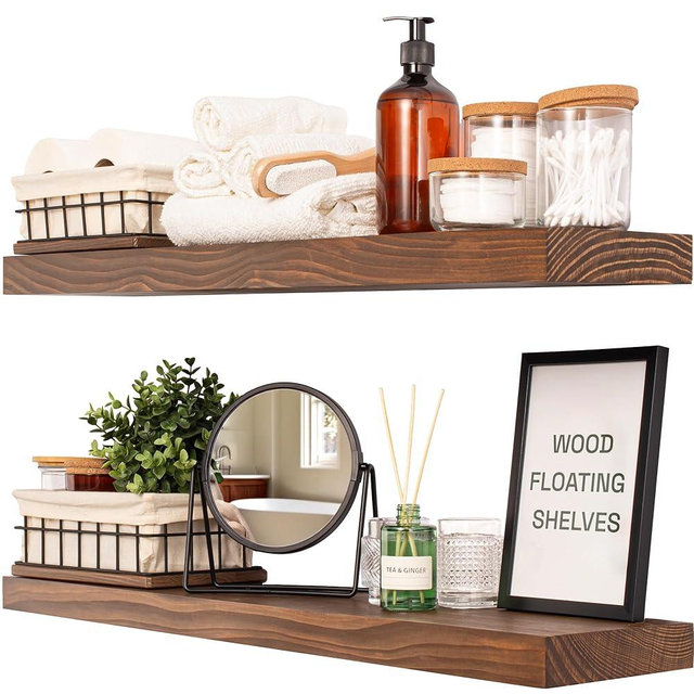 BAOBAB WORKSHOP Natural Wood Floating Shelves Set of 2-36 inch Wooden Floating Shelves for Wall Long - Rustic Wall Shelf - Long Floating Shelves for Wall Bedroom Kitchen Bathroom - Walnut - 36 x 6.7