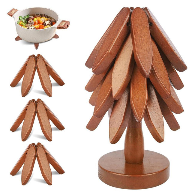 Wooden Trivets for Hot Dishes, Tree Coasters Set of 4, Wooden Tree Coasters with Holder, for Hot Dishes/Pot/Bowl/Teapot/Hot Pot Holders ((Walnut Wood))