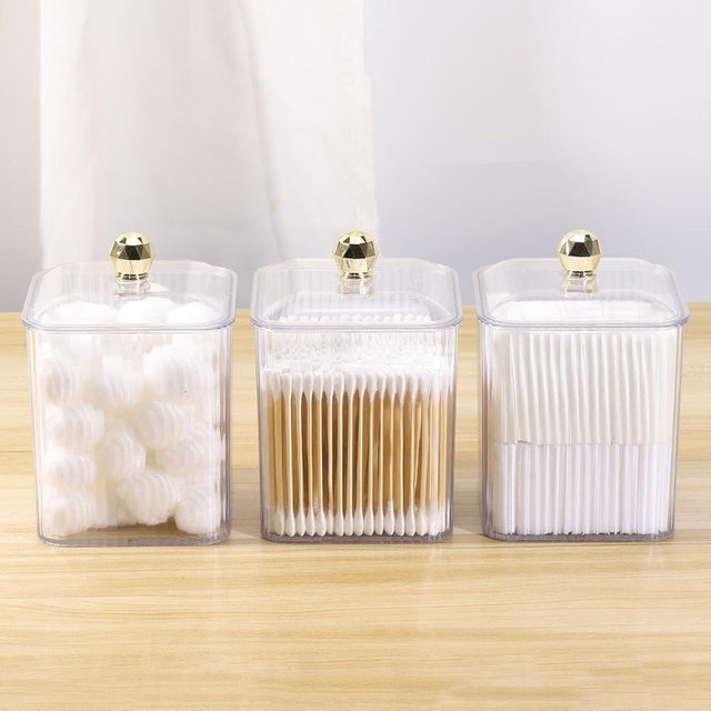 Tbestmax 3 Pack Qtip Holder Dispenser Clear Bathroom Organizer Jar Cotton Swab/Pad/Ball Holder Container Cosmetics Storage for Vanity