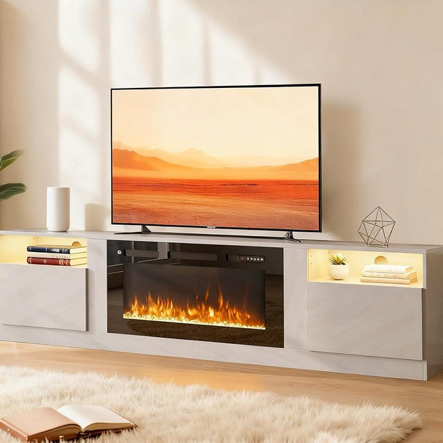 MXV 70" Fireplace TV Stand for TVs Up to 80", LED Light Entertainment Center with 36" Electric Fireplace, Modern Wood Texture TV Media Console with Highlight Storage Cabinet, Grey-Black