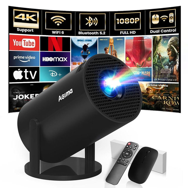 [Built-in Apps] Projector 1080P FHD 4K Support, Smart Projector with WiFi 6 and Bluetooth, Auto Keystone, Stereo Speaker, Compatible with HDMI/TV Stick/USB/Laptop, Portable Projector, Black