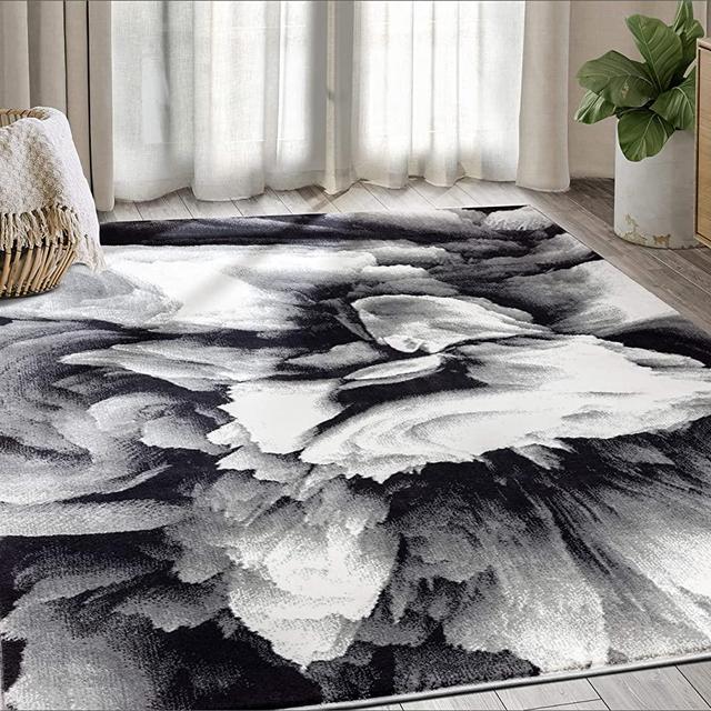 Abani Rugs Modern 4' x 6' Black & White Floral Swirl Area Rug - Contemporary Geometric 3D Rug, Arto Collection