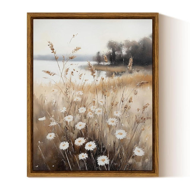 InSimSea Framed Canvas Wall Art for Living Room Fall Landscape Wall Decor Meadow with Flowers Vintage Paintings Classical Wildflower Field Scene Boho Floral Pictures Decor for Bathroom Bedroom 8x10in