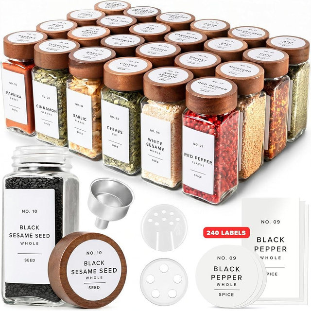 EDELHAUS® Square Spice Jars with Acacia Wooden Lid (Pack of 24) Spice Jars with Shaker Insert and 240 Labels - Acacia Lids Glass Container for Spice Organisation [4.3 in × 1.8 in]