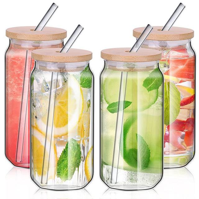 Beer Can Glass with Bamboo Lids and Straw 12 oz Drinking Glasses Can  Tumbler Clear Glass Cups Reusable Beer Can Shaped High Borosilicate Glass  Great for Smoothies, Tea, Cola, Juice,Soda 