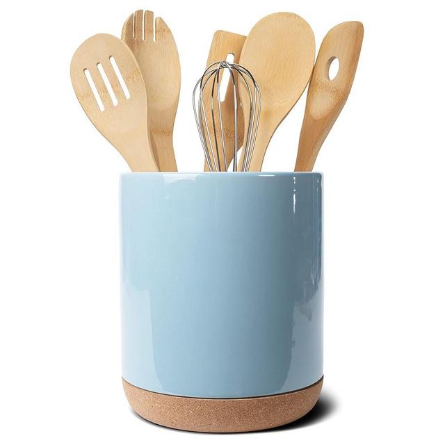 Elanze Designs Glossy X-Large Ceramic Stoneware Cork Bottom Kitchen Utensil Holder, Sky Blue