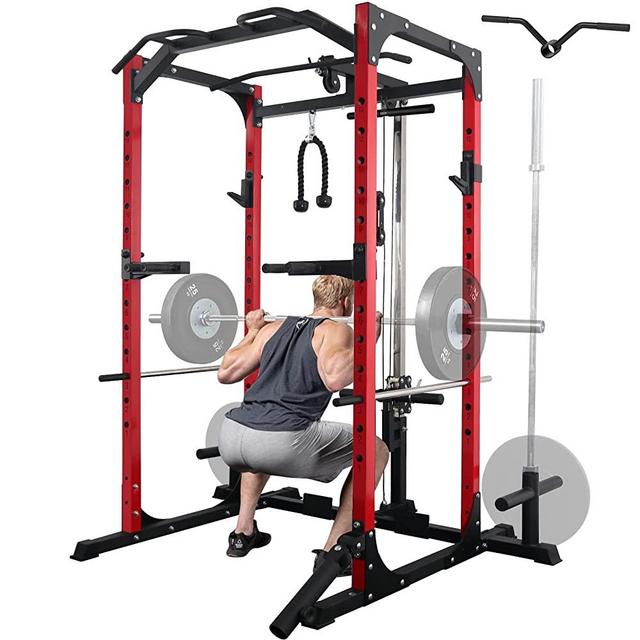 Mikolo Power Cage with LAT Pulldown System, 1200 Pounds Capacity Power Rack, Multi-Functional Squat Rack with 13-Level Adjustable Height and J-Hooks, T-Bar (2022)