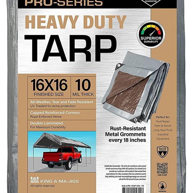 16x16 Heavy Duty Tarp, 10 Mil Thick, Waterproof, Tear & Fade Resistant, High Durability, UV Treated, Grommets Every 18 Inches. (Silver / Brown - Reversible) (16 x 16 Feet)