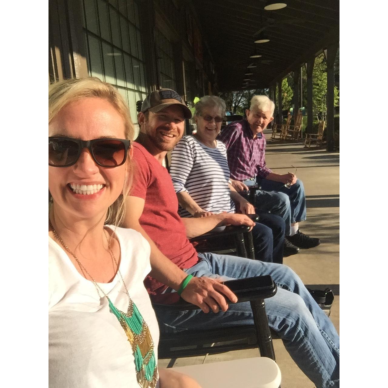 Rockin' outside Cracker Barrel with Nana and PawPaw.