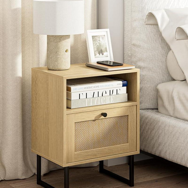 Masupu Rattan Nightstand,Modern Boho Farmhouse Wood Bedside Table with Storage Drawer and Open Shelf,Small Black Frame Side End Table for Bedroom,Living Room,Office (Natural)