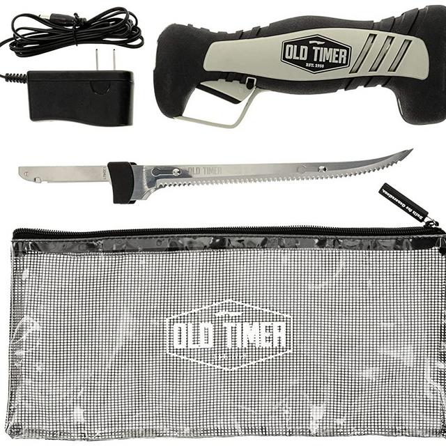 Old Timer Li-Ion Cordless Electric Fillet Knife with 8in Fully Serrated Stainless-Steel Blade, Trigger Lock, Rechargeable Battery, and Self Draining Carry Case for Fishing, Filleting, and Outdoors