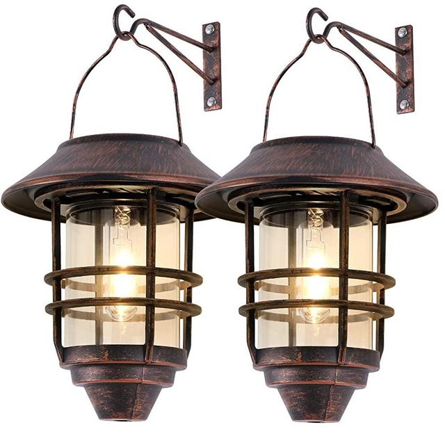 Solar Lantern Outdoor, Hanging Wireless Waterproof Solar Lights with Wall Mount Kit for Garden Porch Fence 2 Pack,Bronze