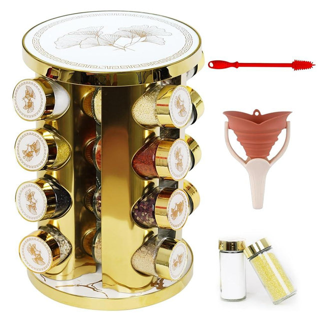 360-Rotating kitchen countertop stainless steel spice rack, apricot leaf pattern appearance, equipped with 16 food-grade glass cans (gold + white, four-layer 16 spice cans)