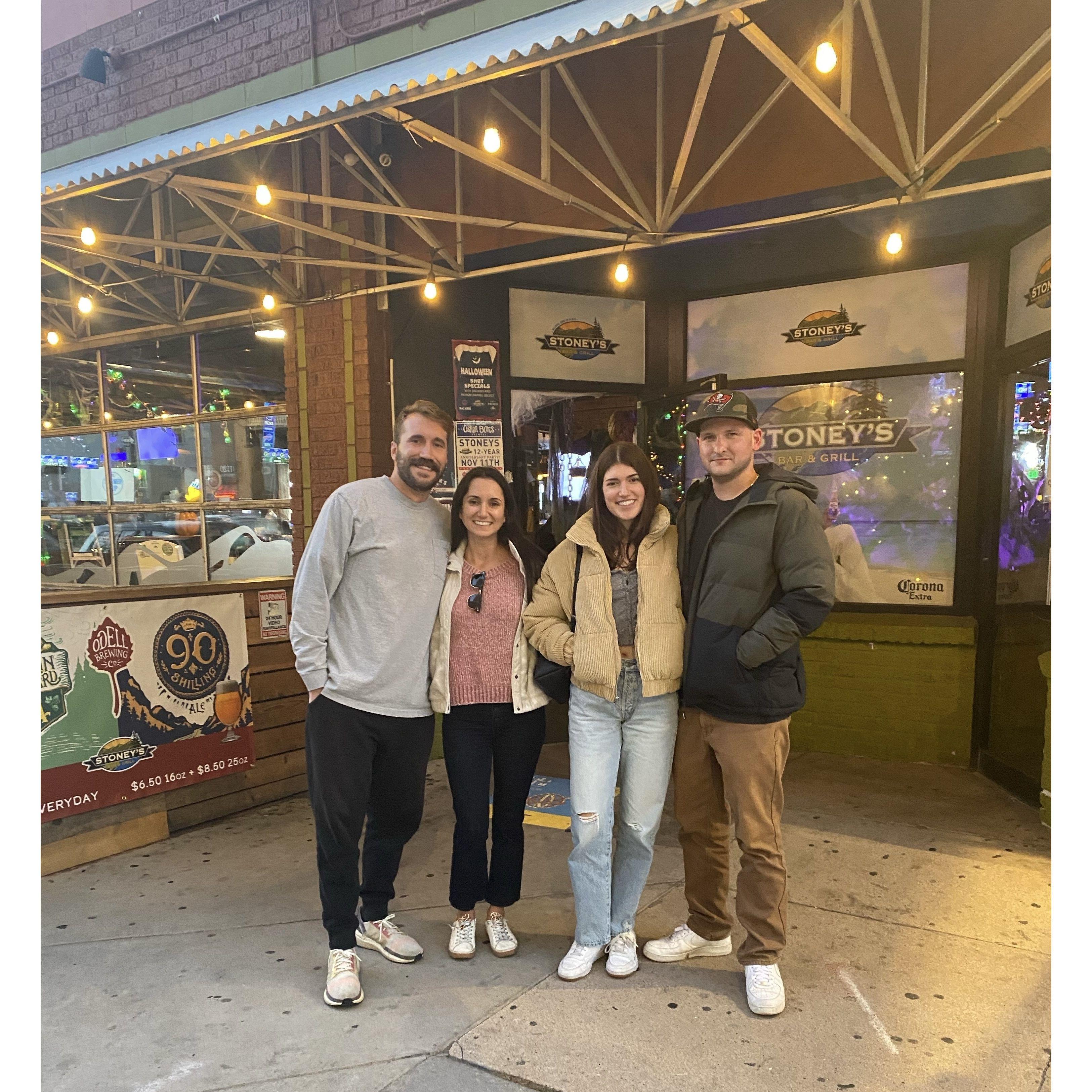 Our first picture together :) With Alex and Carmela outside of Stony's Pub in Denver, Colorado