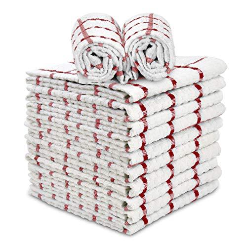 Talvania Red & White Kitchen Dish Towels 100% Cotton Dobby Weave Terry Towel Set, 12 Pack Soft and Absorbent Multipurpose Dish Cloth, Hand Towel and All Kitchen Cleaning 15” X 25” Machine Washable