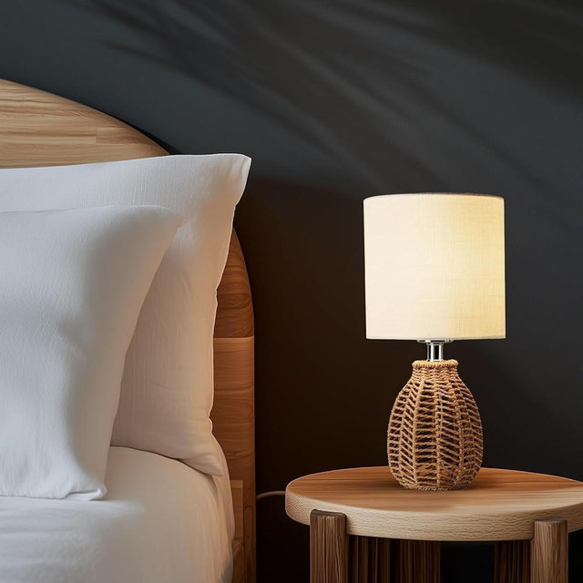 Fengarolam Small Rattan Table Lamp,14.3" Nightstand Bedside Lamp with Linen Fabric Lampshade, Handmake Rattan Base Small Boho Lamp for Bedroom Living Room Home Office