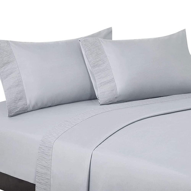 Bedsure Bed Sheet Set - Ruffled Embossed Light Gray Bed Sheets - Soft Brushed Microfiber, Wrinkle Resistant Bedding Set - 1 Fitted Sheet, 1 Flat Sheet, 2 Pillowcases (Queen, Light Grey)