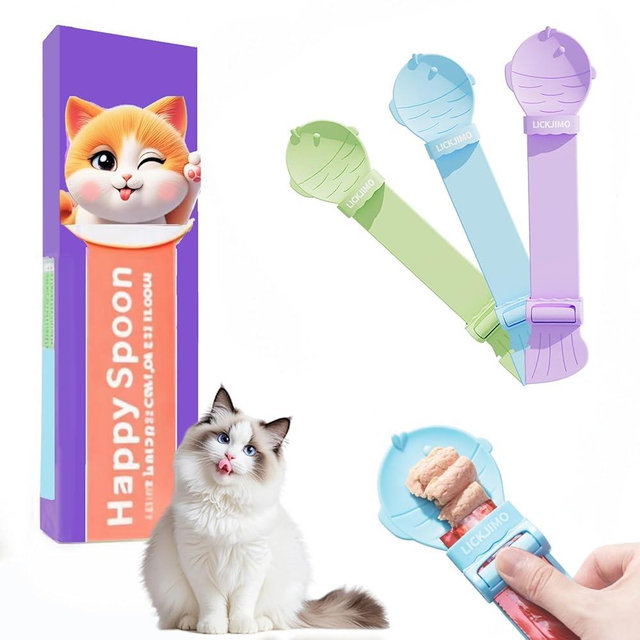 LICKJIMO-3PC Cat Treat Spoon Squeeze with Roller Squeezer,Cat Treat Feeder Spoon for Lickable Churu Cat Treats,Cat Spoon for Licky Treats,No Leftover,Zero Waste(3 Color)