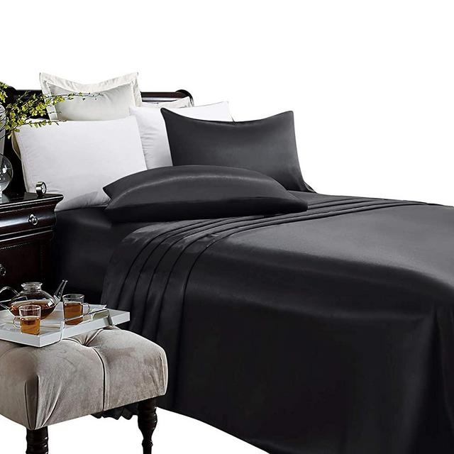 ARTALL Silky Super Soft 4 Piece Deep Pocket Satin Sheet Set, King Size Black