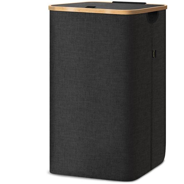 BALEINE Laundry Hamper with Lid, Tall Laundry Baskets with Bamboo Pull Handles, Large Laundry Bin with Internal Support (26Gal/100L, Carbon Black)