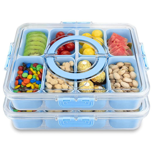 Divided Serving Tray with Lid and Handle,8 Compartments Snacks Box,Snack Fruit Veggie Tray,Portable Platter for Candy Fruits Nuts Snack Party Entertaining Picnic (2PCS Blue)