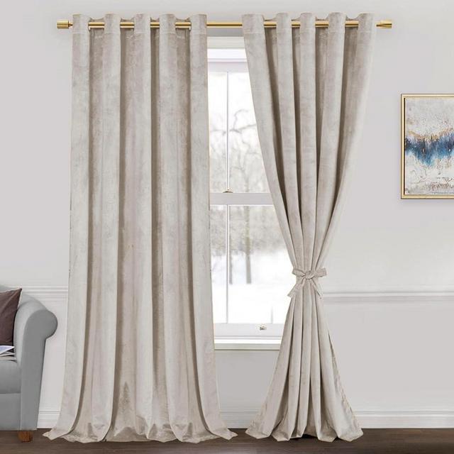 JIUZHEN Beige Velvet Curtains 108 inches Blackout Curtains for Living Room - Privacy Protect Room Darkening Grommet Thick Velvet Window Drapes for Bedroom, Set of 2 with Tiebacks, 60W x 108L