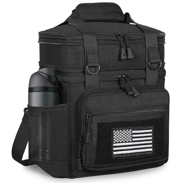 GLENKEY Tactical Lunch Box Cooler Bag - Expandable Insulated Lunch Bag for Men Women - Large Lunchbox for Adults Work Shifts Outdoor Trips Black with Flag 16L