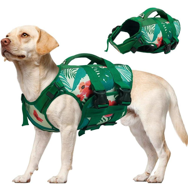Kuoser Dog Life Jacket, High Flotation Reflective Dog Life Vest for Swimming Boating, Adjustable Large Dogs lifejacket with Rescue Handle, Safety Pet Life Preserver Floats for Spring Summer Pool, L
