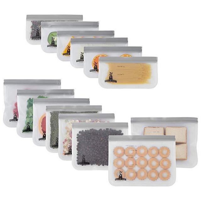 Moulin Vert [ 14 Pack ] Reusable Storage Bags with Measuring Scale on All Bags, BPA Free – Includes 6 Leakproof Reusable Snack Bags, 6 Thick Reusable Sandwich Bags and 2 Large Reusable Freezer Bags