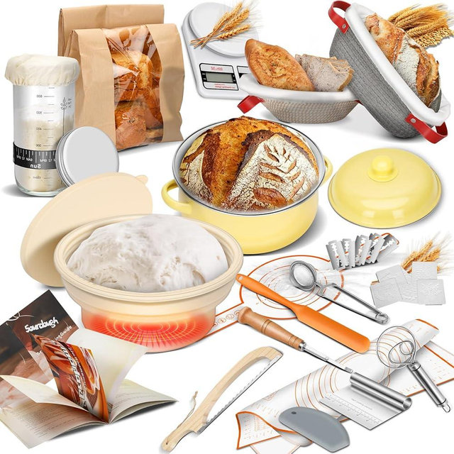 Ultimate All-Inclusive Sourdough Starter Kit - Pot,34 OZ Jar, 2 Banneton Bread Proofing Baskets, Electric Thermostatic Silicone Bowl, Scale, Tools & Recipe Book - Bread Baking Kit For Beginners