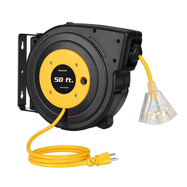 DEWENWILS Retractable Extension Cord Reel, 50FT Power Cord Reel with 14AWG/3C SJTOW, 13A Circuit Breaker, Wall/Ceiling Mounted, 3-Lighted Triple Outlets for Garage, Workshop, UL Listed, Yellow