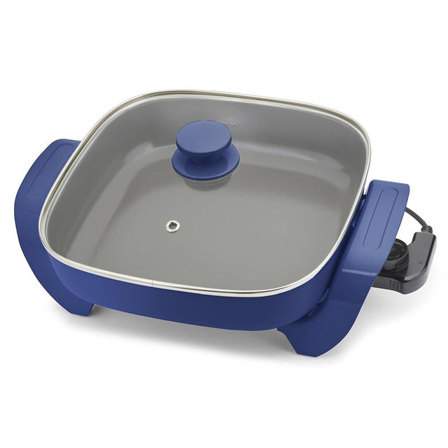 GreenLife Healthy Ceramic Nonstick, 12" 5QT Square Electric Skillet with Glass Lid, Dishwasher Safe, Adjustable Temperature Control, PFAS-Free, Night Blue