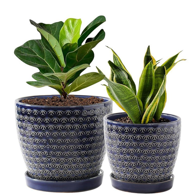 Plant Pots, Planters for Indoor Plants, Ceramic Plant Pots, 6.5+5.5 inch Plant Pot with Drainage and Saucer, Pots for Plants with Hole Mesh Pad, Set of 2, Reactive Glaze Blue