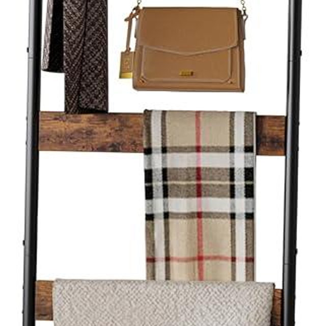 Blanket Ladder, 5-Tier Towel Holder with 4 Removable Hooks, Farmhouse Wall Leaning Decorative Rack Shelf, Wooden Towel Display Rack, Quilt Ladder for Living Room, Bedroom, Rustic Brown
